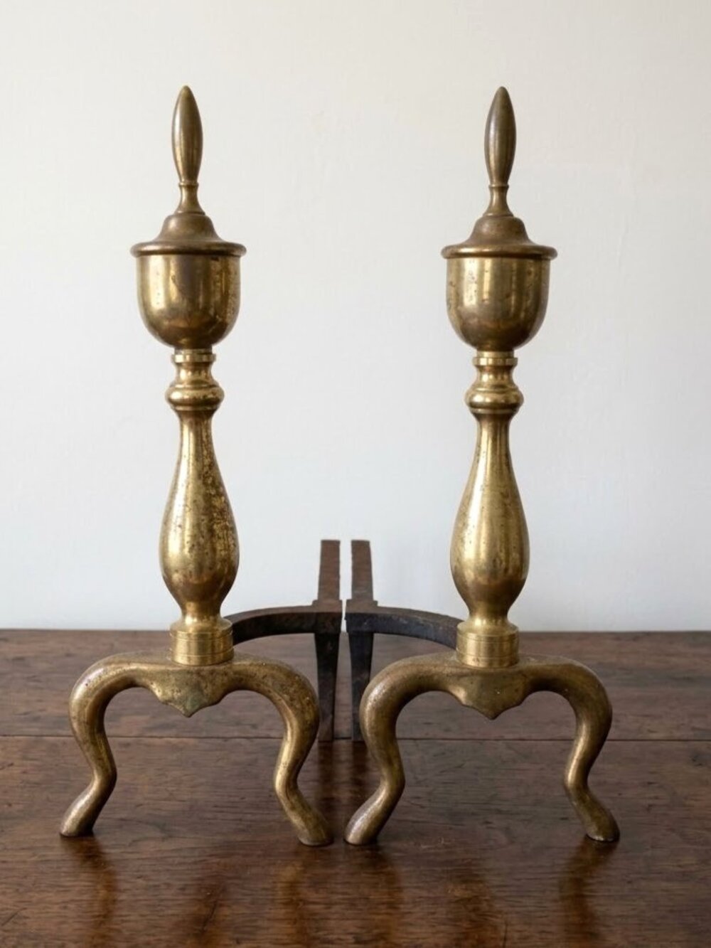 Vintage Pair of Brass Fireplace Andirons Fire Dogs Cast Iron Colonial Urn Finial